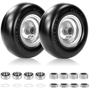 11x4.00-5" Flat Free Lawn Mower Tire and Wheel, Universal 11x4-5 Solid Smooth Replacement Tires for Zero Turn Lawn Mowers, with 3/4" & 5/8" Bearings, 3.4"-4.8" Centered Hub, 350lbs, Gray Rim, 2Pack