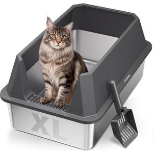 Stainless Steel Litter Box with High Sides, XL High Sided Cat Litter Pan, Open Top Extra Large Metal Cat Litter Box, Non-Stick, Odor Free, Leakproof, Scoop Included, Gray