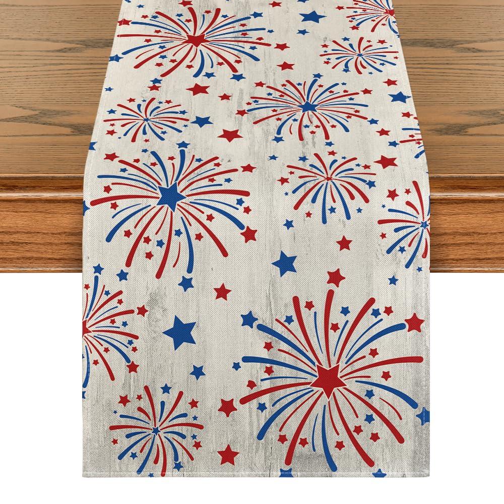 Chlophy 4th of July Table Runner with Embroidered Stars Memorial Day Patriotic Décor Independence Day Americana Table Runner Kitchen Dining Table Decoration (13"x72")