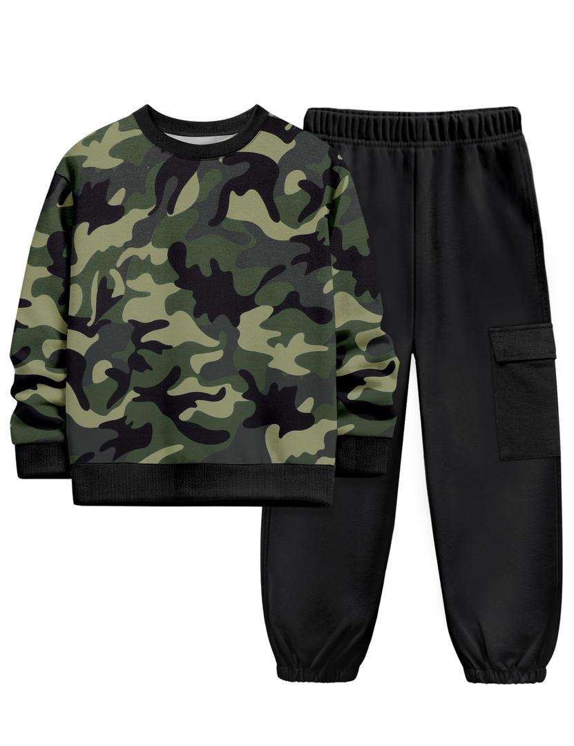 NECIOUS Boy Clothes Fall Winter Clothing Fashion Boys Outfits Camouflage Sweatshirt and Sweatpant with Pocket 2 Piece Teens Boys Sweatsuit 10-12 Green Black (Green)