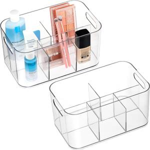 2 Pack, 5-Compartment Clear Plastic Bin - Divided Art Supplies, Cosmetic Makeup Caddy Organizer - Multiuse Storage Container for Vanity, Bathroom, Kitchen, Office, Craft, Shower, Cleaning Items