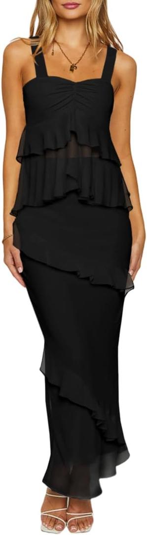 Lrady Women's Two Piece Skirt Sets Beach Formal Wedding Guest Sleeveless Peplum Ruffle Party Maxi Bodycon Dress Outfits, Black, XLarge