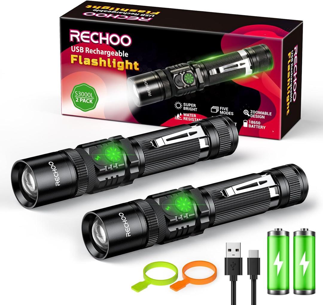 Rechargeable Flashlights 2 Pack, RECHOO High Lumens LED Tactical Flashlight with Double Switch, Small Bright Flash Lights with 5 Modes, Zoomable, IP65 Waterproof for Camping, Hiking, Emergencies