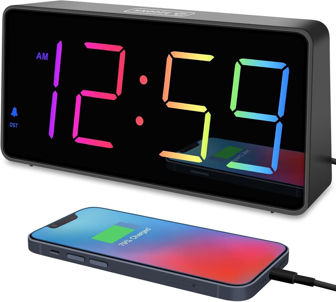 Peakeep Digital Alarm Clock for Bedroom Bedside, Extra Loud for Heavy Sleepers Adults, Large RGB Color Changing Colorful LED Big Numbers, Battery Backup Plug in Electric Clock with USB Charger (Black + 8 Colors)
