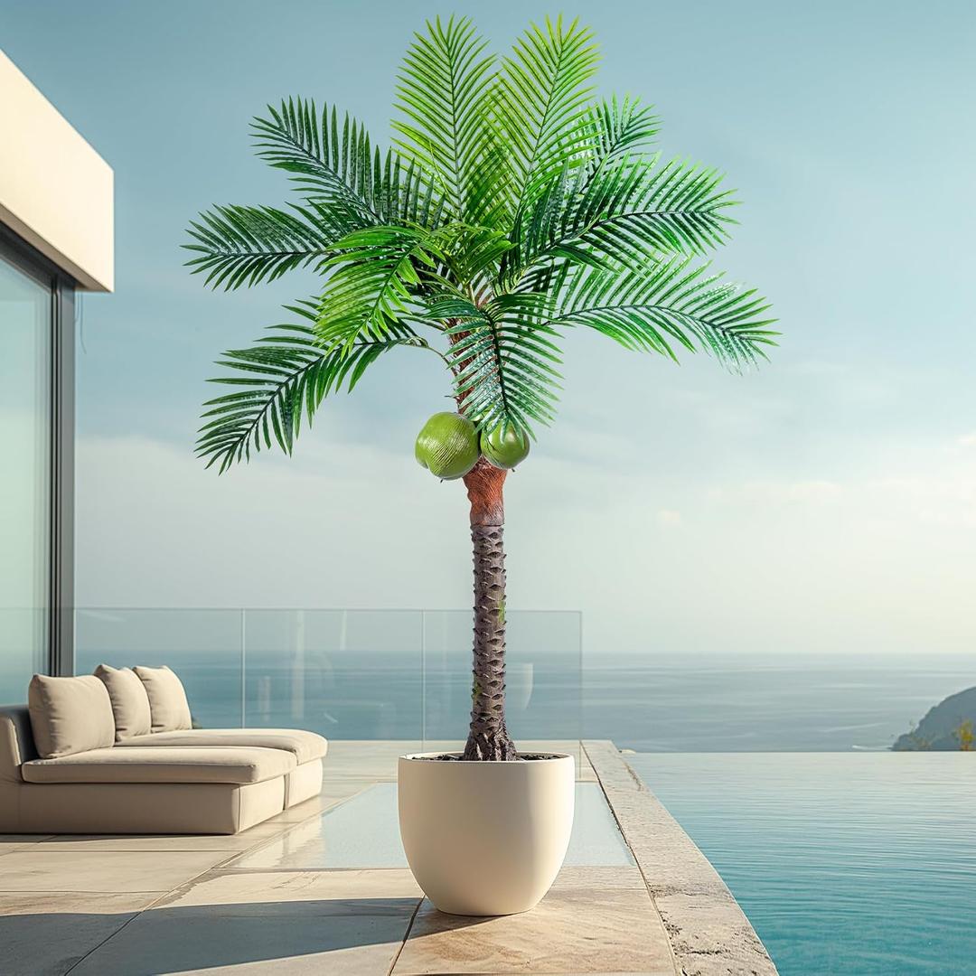 Erimda 30-Year Factory Faux Coconut Tree - 6FT Faux Palm Tree Realistic Thick Trunk & Heavy Duty Leaves, Hand-Carved Bark Texture, Indoor Tropical Decor for Living Room/Store, No Shiny Plastic Look