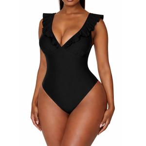 Ciryssa Ruffle One Piece Swimsuit for Women Tummy Control Deep V Black (Black)