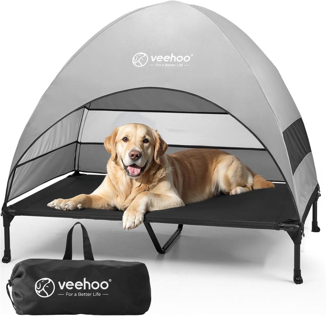 Veehoo Outdoor Dog Bed with Canopy, Cooling Elevated Pet Cot with Removable Shade, Non-Slip Feet, Raised Dog Cot for Large Dogs, Pet Tent Bed for Camping, Beach, XLarge, Black + Grey, CWC2411 (49.0"L x 33.0"W x 42.5"Th)