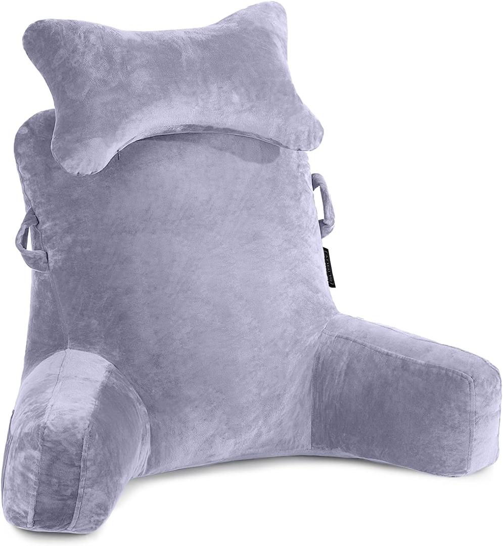 Reading Pillow-Extra Large 31" Bed Rest Pillow with Detachable Neck Roll & Arms for Sitting in Bed or Couch-Backrest Reading Pillow Adult Back Pillows for Reading/Watching TV/Gaming/Relaxing-Grey