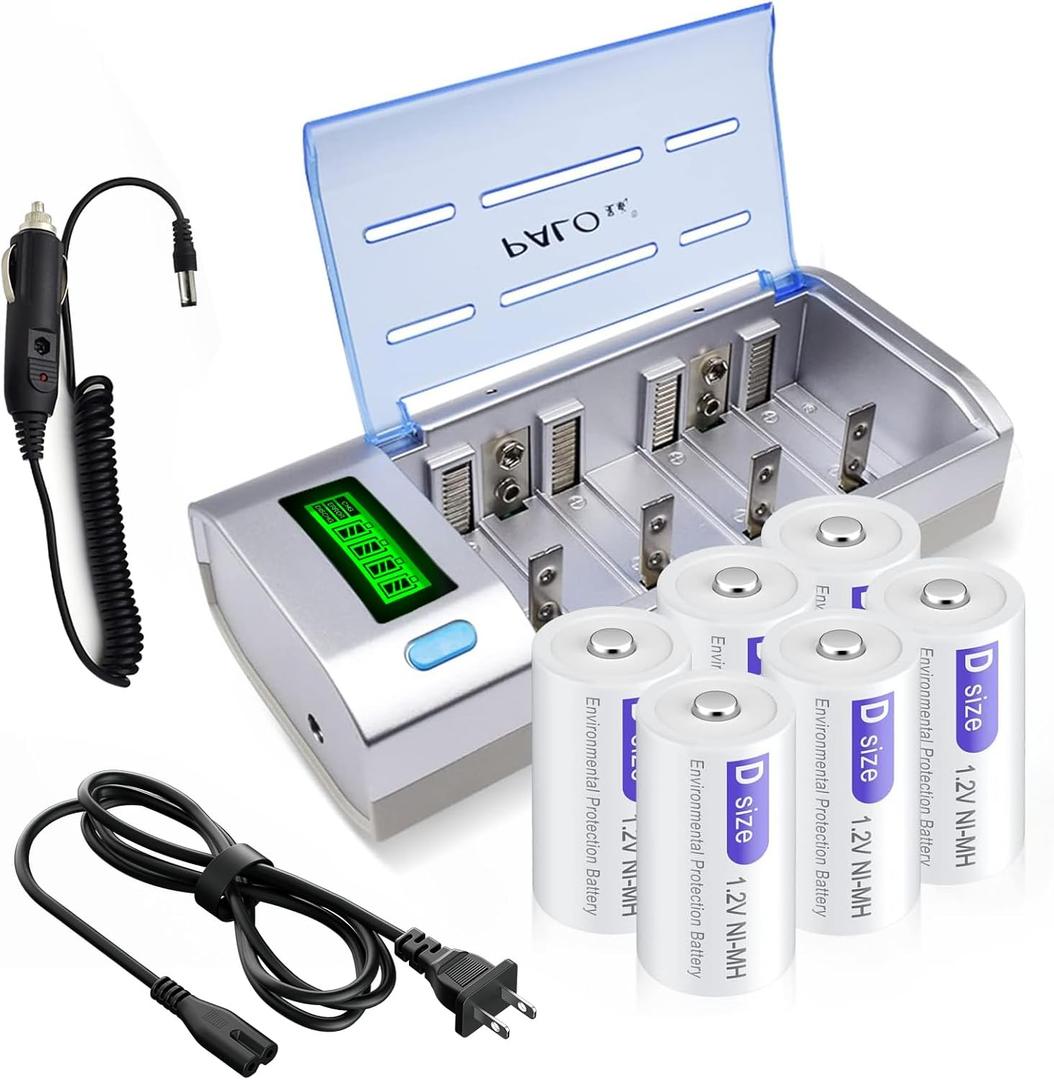 6 Packs D Rechargeble Batteries with Charger for C D 9V AA AAA BatteryDischarge Function3 Batteries Box and Car Charger Cable