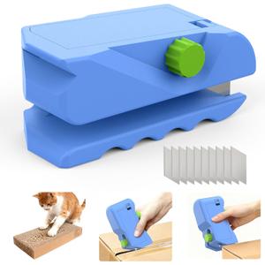Cardboard Cutter for Cat Scratchers with 10pcs Blade, 4-in-1 Box Cutter 3D Printed Cardboard Strip Cutter DIY cat scratchers Cutter Tool for Cat Lovers (Blue)
