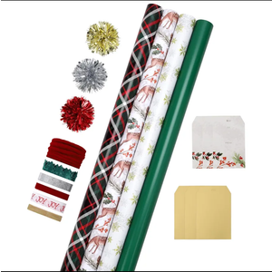 LaRibbons Christmas Wrapping Paper Sets, Classic Reindeer & Plaid Design With Ribbons & Gift Tags & Metallic Pom Pom, Perfect for Xmas, Holiday Party, 30Inch × 10Feet（ 4 Rolls: 100 Sq.Ft.Ttl）