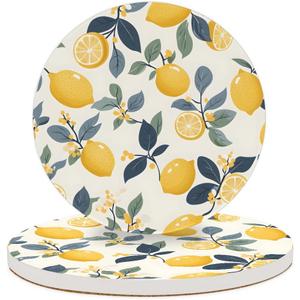 2 x 1 Piece Lemon Coasters for Drinks Absorbing Round Ceramic Stone Coaster with Cork Base Tabletop Protection Mat for Mugs and Cups,Kitchen