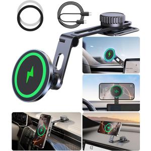 Tesla Phone Mount Charger for iPhone MagSafe Hidden Foldable Design 15W Wireless Charging, Universal Car Magnetic Dashboard Phone Holder, Tesla Model 3/Y/Cybertruck Accessories