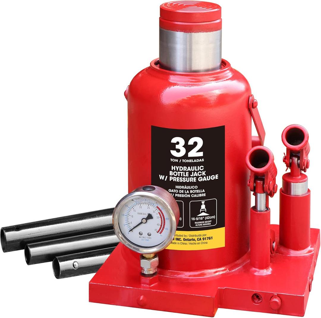 Torin Welded Hydraulic Double Piston Car Bottle Jack with Pressure Gage and Slow Release,32 Ton(64,000 lbs),red, ATH932001BB 