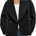 Tankaneo Womens Cropped Wool Blend Pea Coat Casual Long Sleeve Double Breasted Notched Lapel Overcoat Jackets, XL