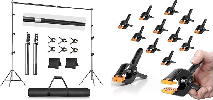 EMART 10x10FT Backdrop Stand, Photo Studio Back Drop Adjustable Stand with 6 Backdrop Clamps,2 Sandbags and Carry Bag + EMART 12 Pack Heavy Duty Spring Clamps 4.5 Inch