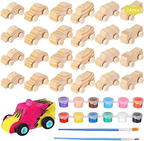 Lenwen 24 Pcs Unfinished Wooden Cars Wood DIY Car Toys with 12 Color Acrylic Paint for Student Easy Woodworking Set, Family Activities, Arts and Crafts Kit for Boys, Valentine‘S Day(Cute)