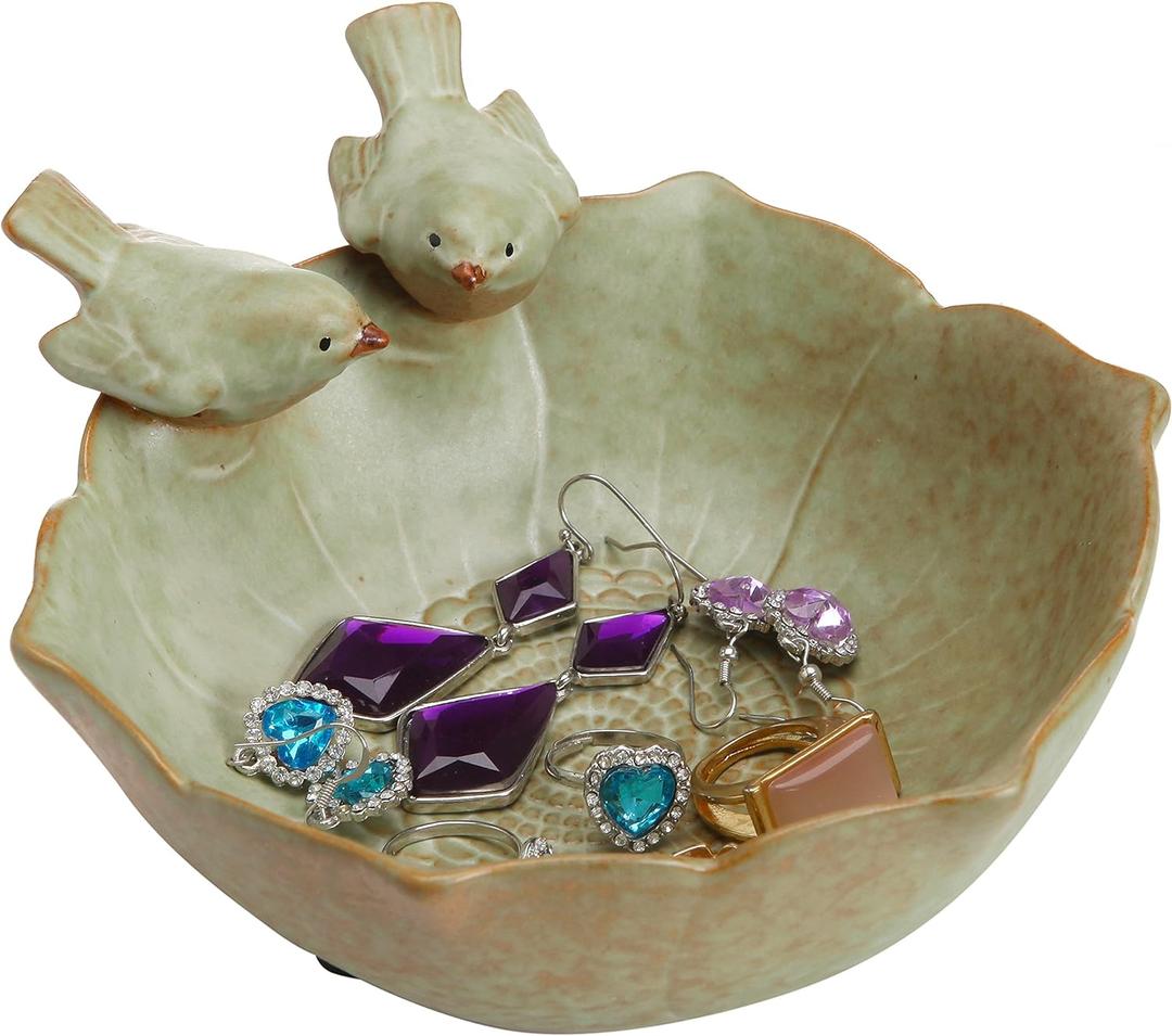 MyGift Decorative 2 Birds Garden Design Ceramic Green Serving Bowl/Jewelry Tray/Candy & Nut Dish