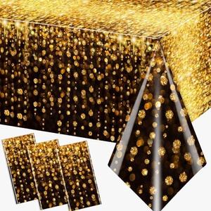3pcs Black and Gold Glitter Tablecloth,Spot Bokeh Black Gold Birthday Supplies Waterproof Plastic Black and Gold Table Cover Decoration for Men Women Anniversary Birthday Wedding Party Supplies