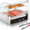 VEVOR Hot Dog Roller, 11 Rollers 30 Hot Dogs Capacity, 1650W Stainless Sausage Grill Cooker Machine with Dual Temp Control Glass Hood Acrylic Cover Bun Warmer Shelf Removable Drip Tray, ETL Certified