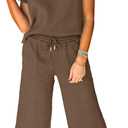 SHEWIN 2 Piece Sets Outfits for Women V Neck Collared Ruffle Short Sleeve Polo Shirts Quarter Zip Pullover Tops Lounge Set (Small, Brown)