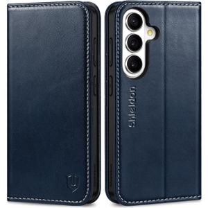 SHIELDON Case for Galaxy S26 6.3" 2026, Genuine Leather Folio Wallet Magnetic Kickstand RFID Blocking Card Slots Shockproof Full Protection Cover Compatible with Galaxy S26 5G - Retro Dark Blue