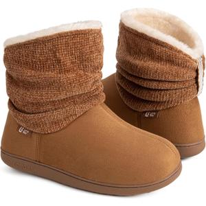 LongBay Women's Warm Chenille Knit Bootie Slippers Memory Foam Comfy Suede Fluffy Faux Fur Boots House Shoes (Large / 9-10, Camel)