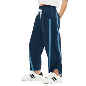 Haloumoning Girls Baggy Wide Leg Pants Kids Striped Elastic Waist Parachute Track Pants with Pockets, Navy Blue, 5-6 Years