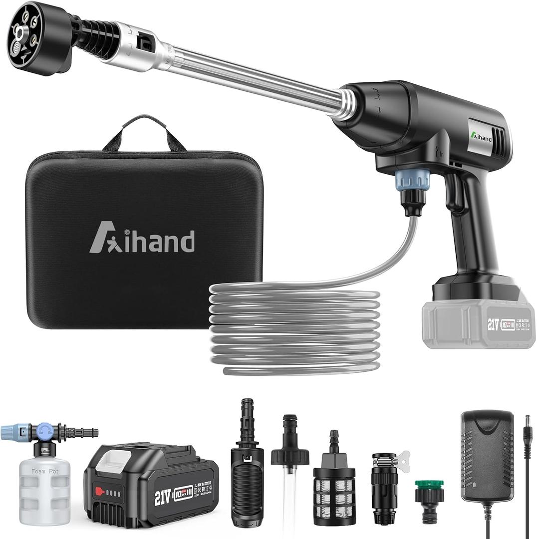 Aihand Cordless Pressure Washer, 986PSI Portable Power Cleaner with 4.0 Ah Battery, 6-IN-1/0-180 Nozzles, 3 Faucet Adapters, Handheld High-Pressure Car Washer for Fences/Patios, Charger Included