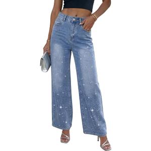 Rhinestone Jeans for Women High Waisted Wide Leg Baggy Y2K Sparkly Denim Pants for Country Concert Festival Night Out Party, Large