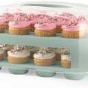 EXTRA TALL DOME 24 Cupcake Carrier, Green Cupcake Holder Carries 24 Cupcake Storage Container, Muffin Traveler Two Tier Stand Reusable Cupcake Box