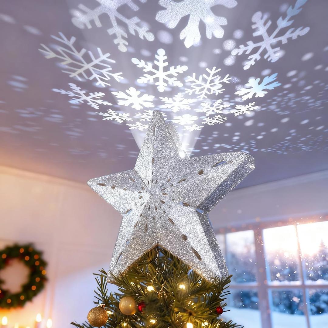 DG-Direct Christmas Tree Topper Lighted Star [Silver],3D Hollow Sparkling Star Christmas Tree Topper with Rotating Magic Cool White Snowflake Projector for Christmas Tree Ornament (Silver)