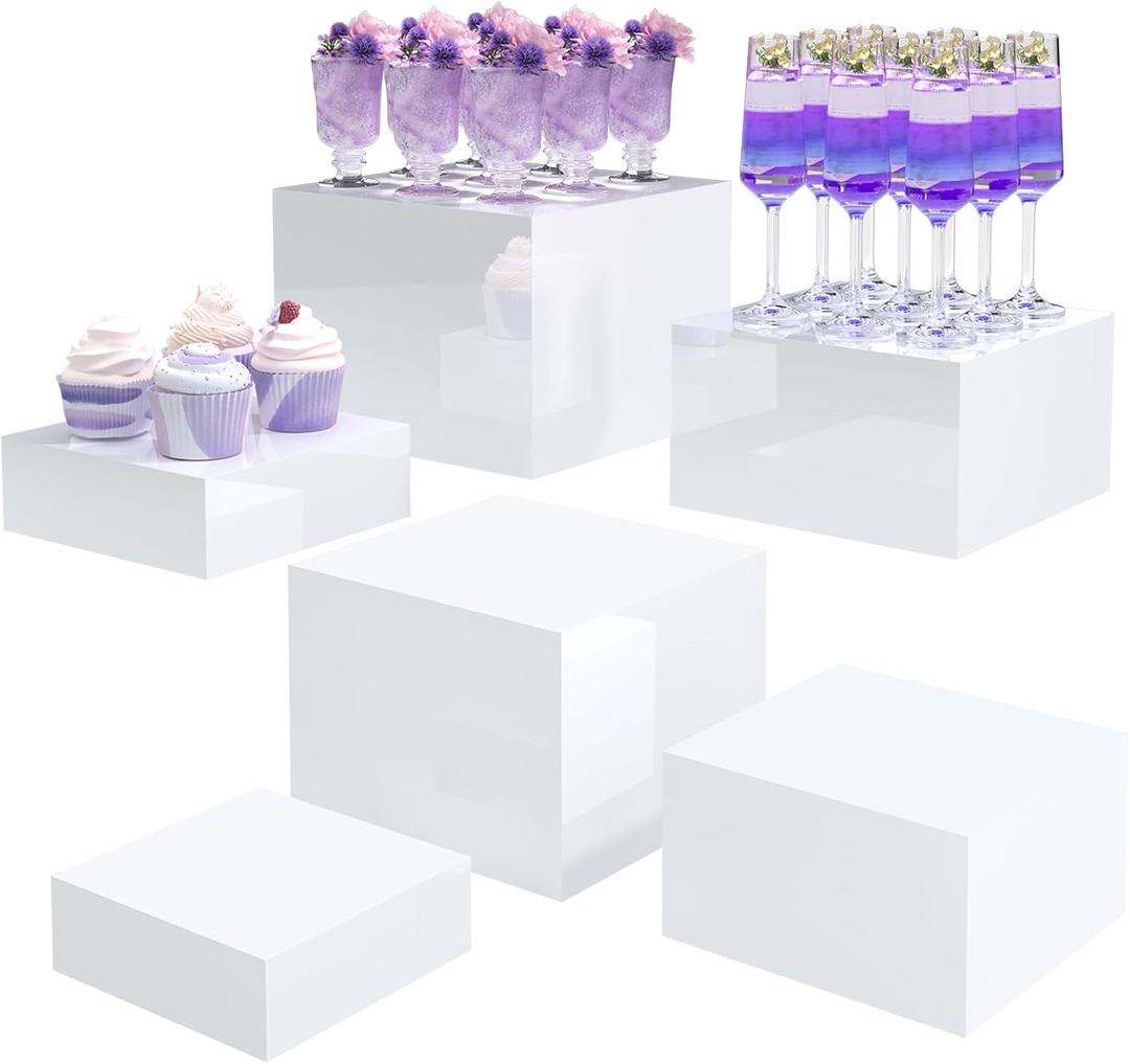 Buffet Risers, Food Display Risers for Party, White Acrylic Risers Display Stand for Buffet Table, Catering Displays for Dessert, Cube Box Nesting Riser with Hollow Bottoms (6"x7"x8" 6PCS)