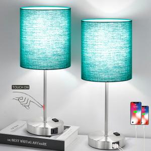 Lynnoland Green Touch Table Lamps Set of 2 with 2 USB & AC Outlet, 3-Way Dimmable Bedside Nightstand Lamps for Bedroom Lamps Living Room Nursery, 800 Lumens 5000K Daylight Bulbs Included