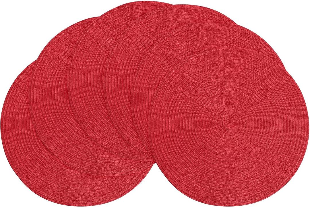 Floroom 15 Inch Round Braided Placemats Set of 6, Washable Heat Resistant Cotton Polyester Circle Place Mats for Kitchen Dining Table - Red