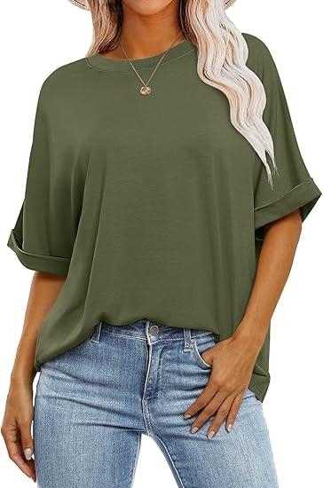 Womens Oversized T Shirts Short Sleeve Tunic Tops Crew Neck T-Shirts Summer Casual Loose Fit Basic Tee, M