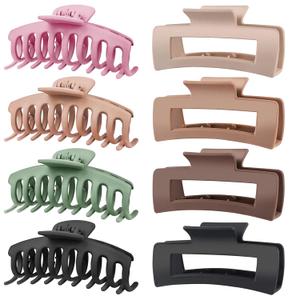 TOCESS 8 Pack Big Hair Claw Clips for Women Large Claw Clip for Thin Thick Curly Hair 90's Strong Hold 4.33 Inch Nonslip Matte Jumbo Hair Clips (8 Pcs) (Assorted A.Beige, Pink, Green, Khaki, Brown, Black)