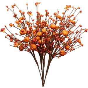 VioletEverGarden 6Pcs Artificial Fall Berry Stems, Orange Pumpkin Picks Floral with Berry Fall Picks for Floral Arrangements, for Autumn Thanksgiving Home Table Centerpiece Decorations (17in)