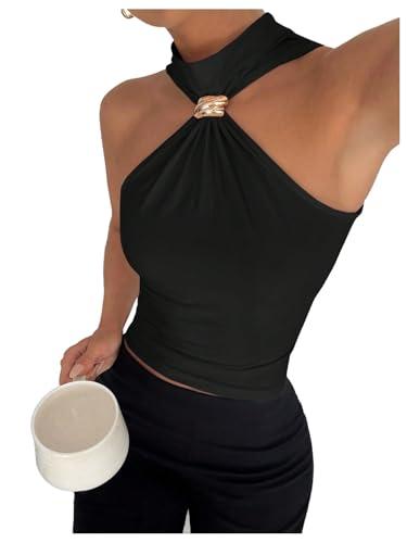 Milumia Women's Metal Halter Mock Neck Ruched Tank Top Sleeveless Slim Fit Going Out Tops Black X-Small