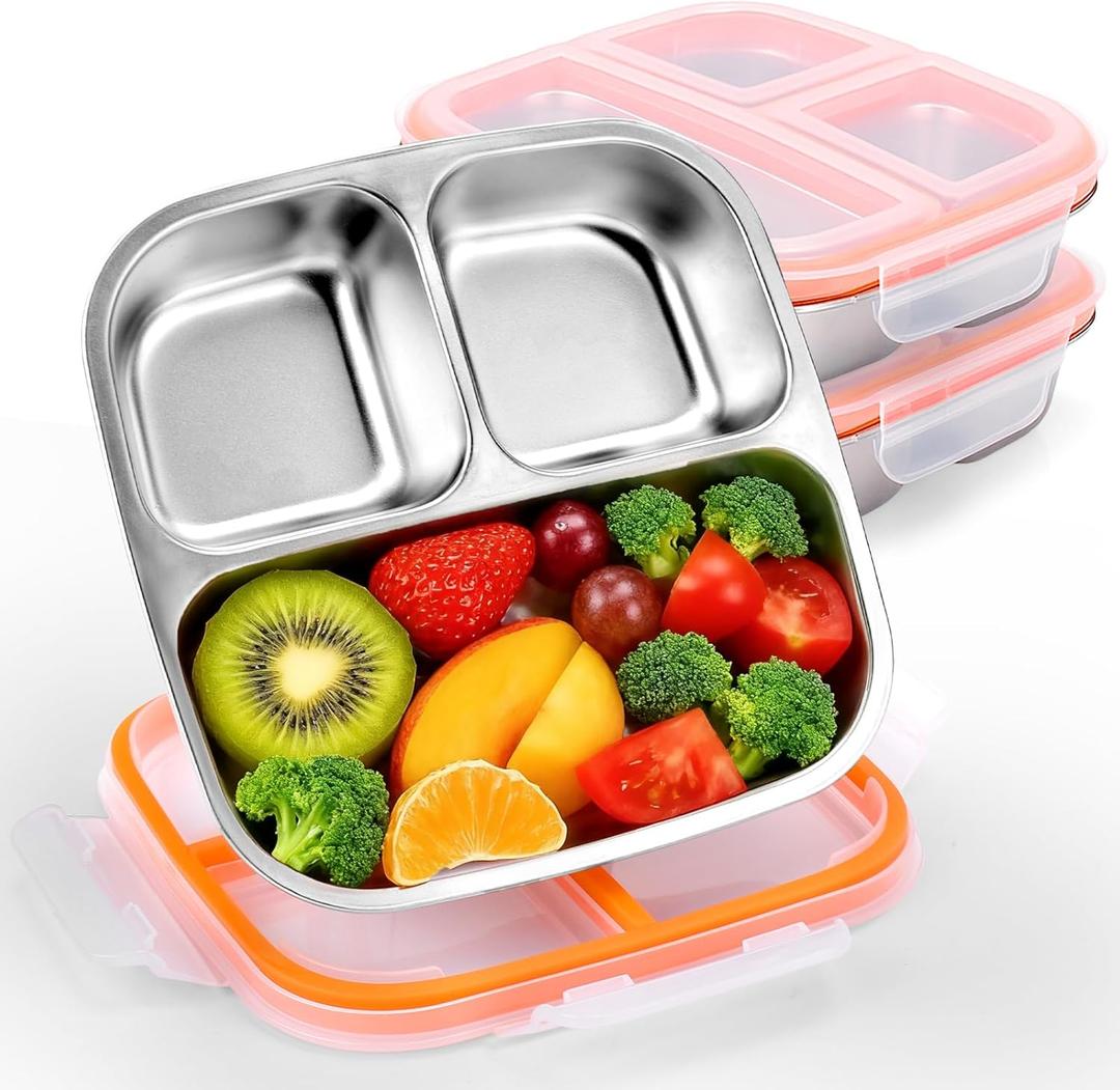 Palksky Stainless Steel Toddler Plates with Lids - 3-Pack Divided Baby Plates for Portion Control, Microwave & Dishwasher Safe Easy-Clean Lunch Trays