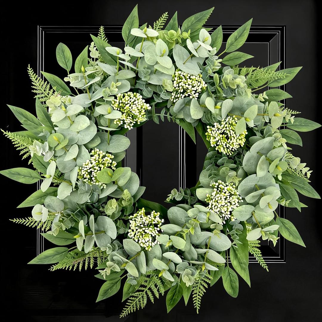 24 Inch Artificial Eucalyptus Wreath, Summer Fern Greenery Wreaths Front Door for All Year Round Indoor Outdoor Farmhouse Wedding Decor