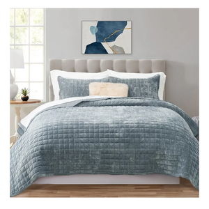 RECYCO Luxury Velvet Quilt Set King Size Bedding Sets, Ultra Soft Velvet Comforter Set, Lightweight Channel Box Stitch Oversized Bedspread Coverlet for All Season, with 2 Shams, Blue Linen