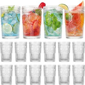 Vintage Drinking Glasses Set of 12, Textured Clear Striped Glass Cups, Ribbed Glassware Set, Tall Water Glass Tumblers, Mojito Cups, Cocktail Glass, Iced Coffee Cup, Bar Glassware