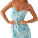 Women Sequin Sparkly Rhinestone Mini Dress Sleeveless Backless Deep V Neck Glitter Short Cami Dress Party Clubwear (Small, Blue)