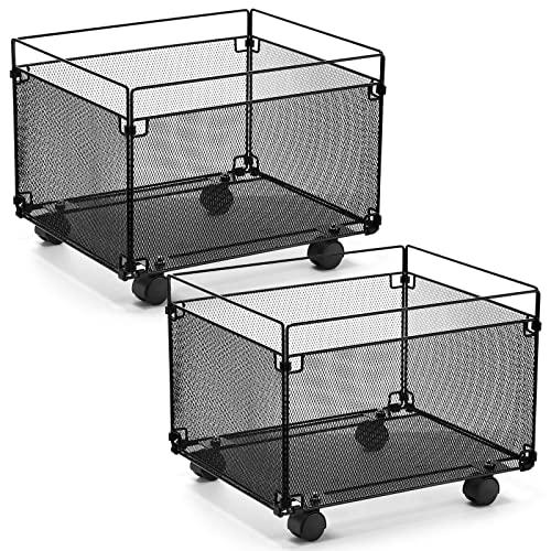 Harloon 2 Pack Mesh Rolling File Carts with Wheels Hanging Files Metal File Crate Organizer Black Rolling Organizer Foldable Storage Cart Box for Folders Office Supplies, Black, 15" x 13" x 10"
