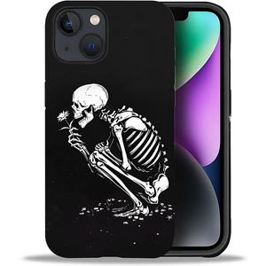 Compatible with iPhone 13/iPhone 14 Case, Skull Flower Black Pattern Print Matte Phone Case Funny Liquid Silicone Case Impact Resistant Anti-Scratch Shockproof Protective Cover