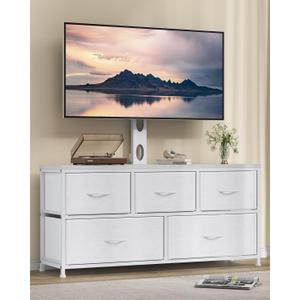 TV Stand with Mount, Fabric Dresser with 5 Drawers for 32/45/55/60/65/75/85 inch TVs, White Dresser Entertainment Center, Modern Media TV Console Table
