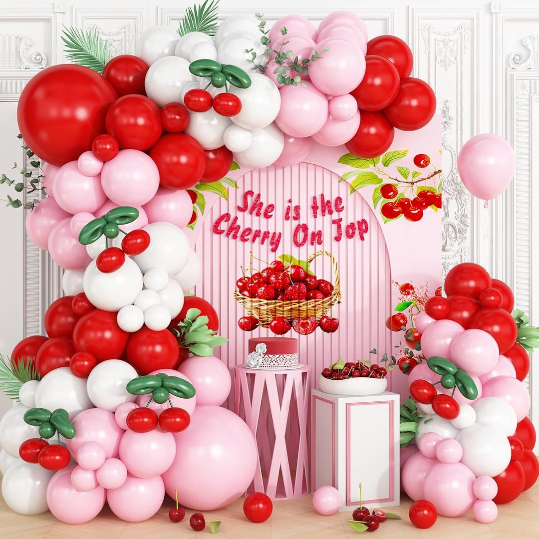 Cherry Balloon Garland Arch Kit, Red Pink White Green Long Balloons for Girls Birthday She is Cherry on Top Baby Shower Wedding Bridal Party Decorations