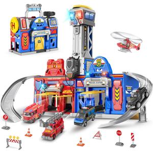 Ochido Boys Toys for 3 4 5 6 Years Old, Large City Action Playset Kit with Lights Sounds, Walkie-Talkie, Foldable Police & Fire Station Transform Track Toy with 4 Cars, Helicopter,7 Accessories