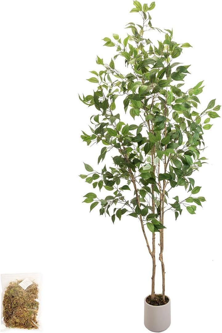 Artificial Fake Ficus Tree 7FT Tall 1Pack with White Planter & Free Moss, Artificial Plants Indoor, Artificial Trees for Home Decor Indoor, Faux Ficus Tree
